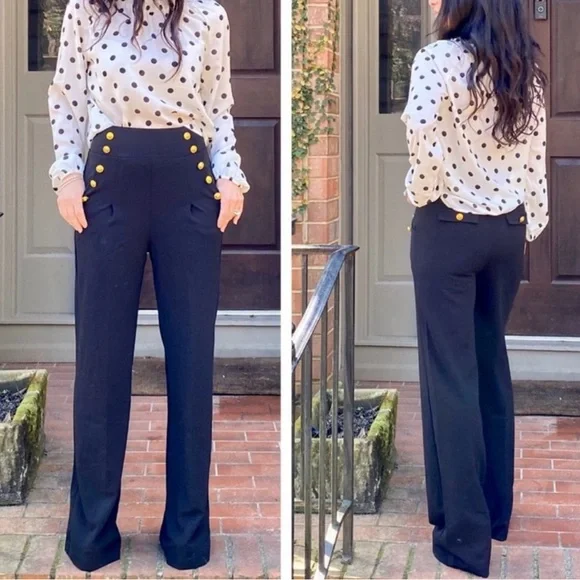 Gold buttons sailor style wide leg pants, small - Picture 1 of 8